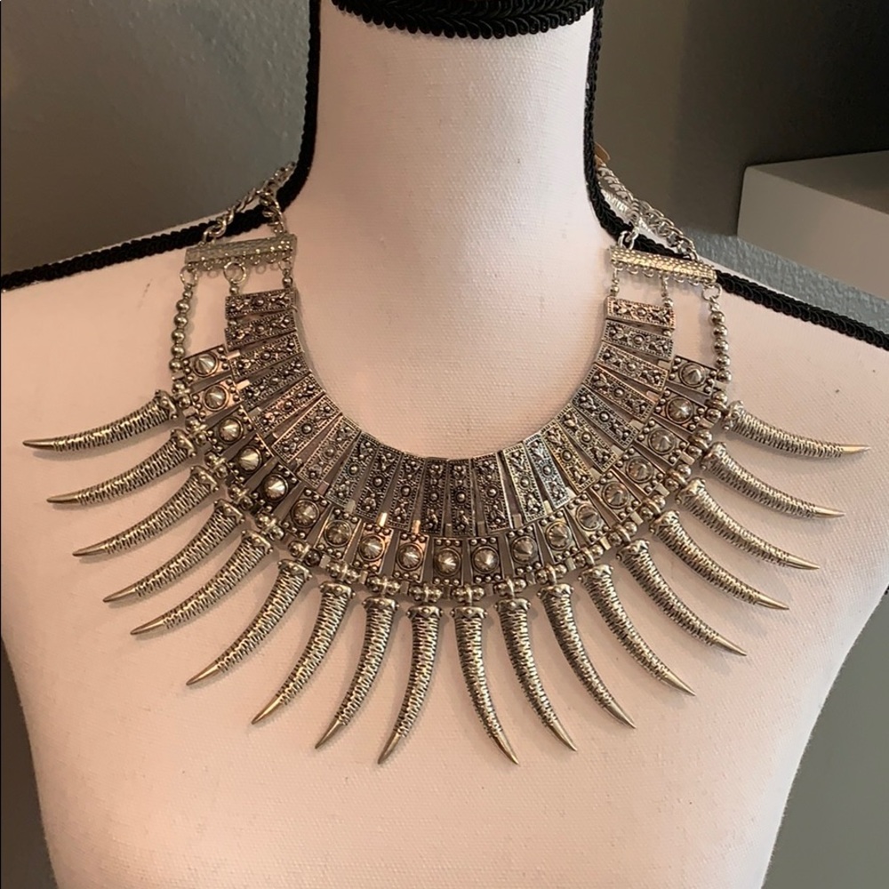 Silver BoHo Rock Statement Collar Necklace
